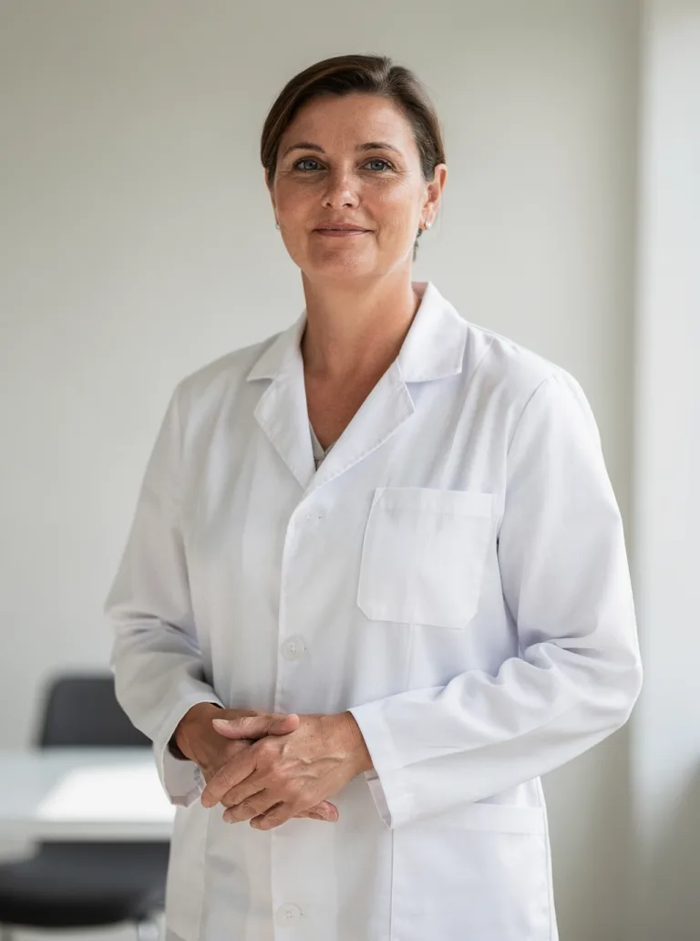 A clinician in professional attire standing in a simple bright office looking toward the camera with a calm, approachable posture